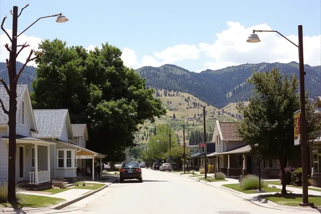 Small-town street with older homes and big trees in Berthoud