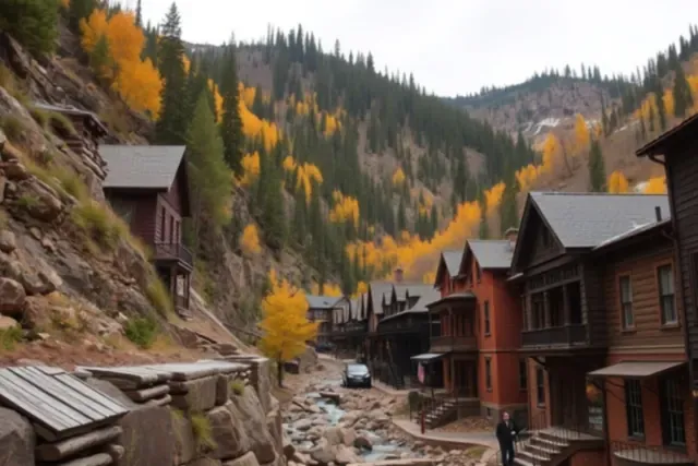 Old brick and wood buildings along a rocky creek in a narrow mountain gulch