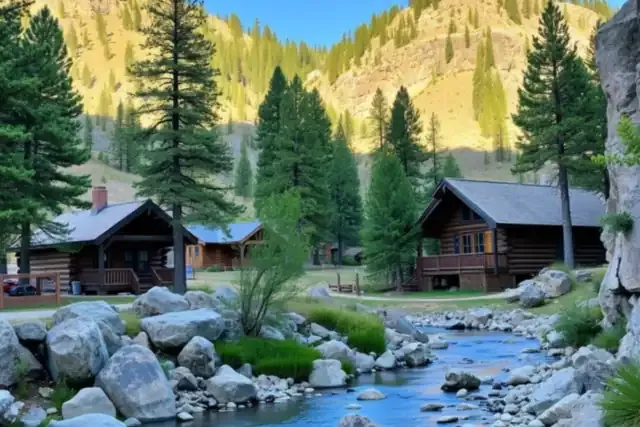 Log cabins among pines beside a rocky foothills creek