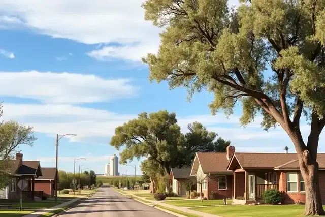 Brick ranch houses and big elm trees on a quiet street in a Colorado plains town