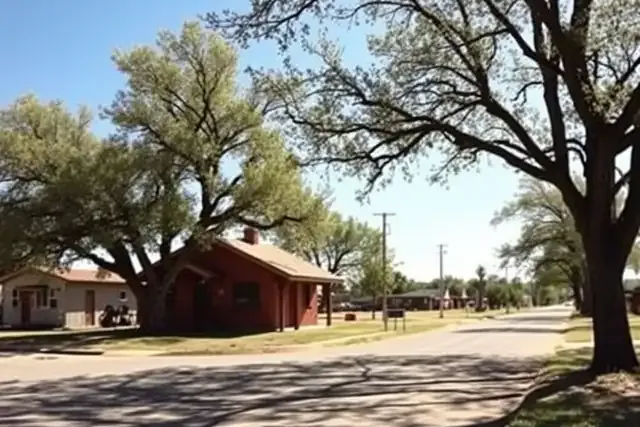 Small brick bungalow under elm trees on a quiet street in a plains town