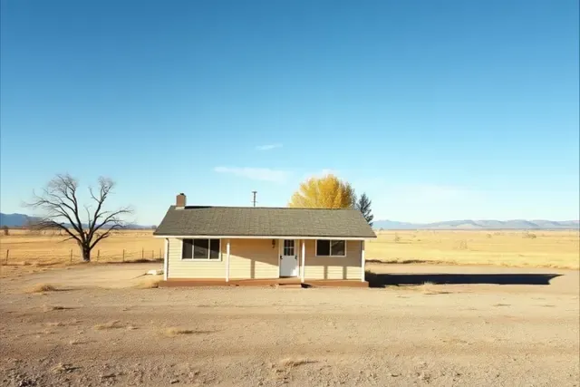 Small 1950s house with a gravel yard and windbreak trees on the high plains near Calhan