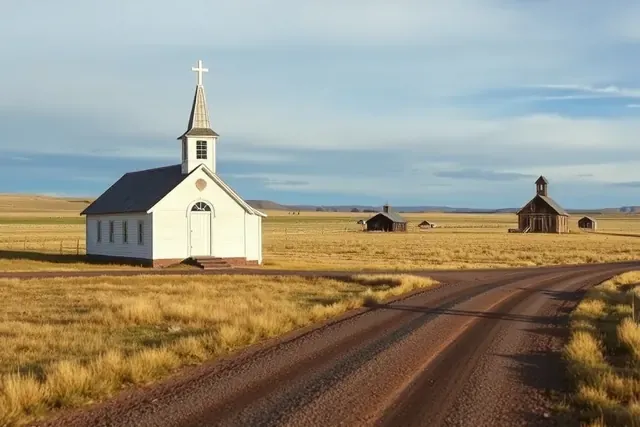 A white wooden church and a few farmhouses on open prairie in northern Colorado