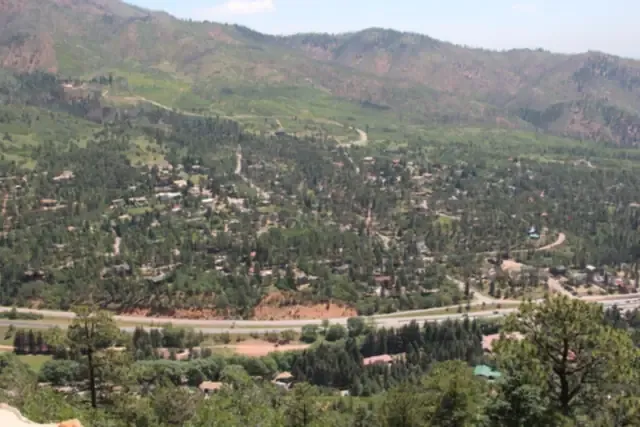 Homes among pines on the slopes of Ute Pass above Highway 24 near Cascade