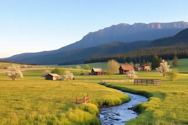 Hay meadows, ranch buildings and a creek in a valley below forested mountains
