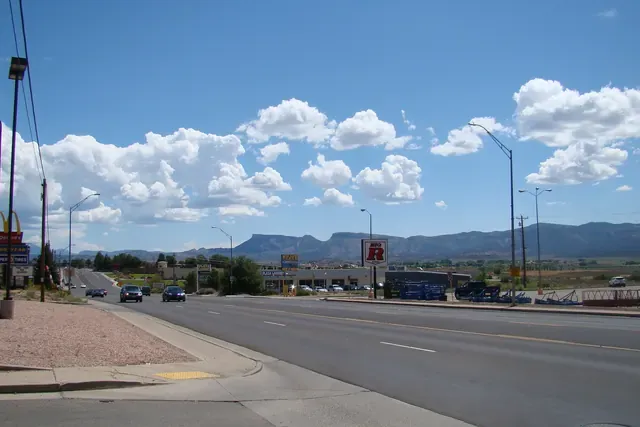 Main Street in Cortez with Mesa Verde's long ridge on the horizon