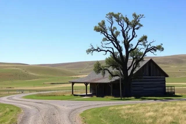 Weathered farmhouse with a gravel drive and a lone cottonwood on the plains near Deer Trail