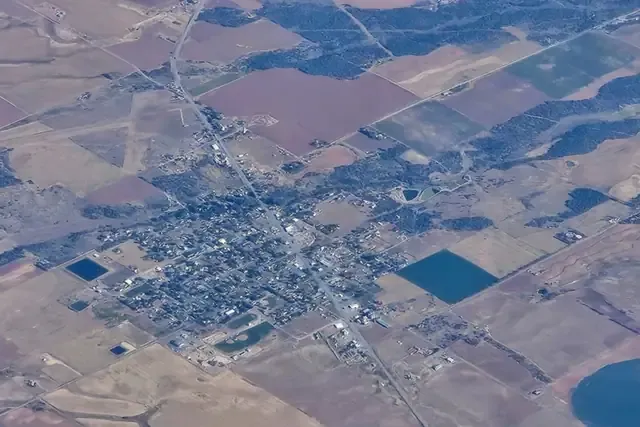 Aerial view of Dove Creek and its bean fields on the Great Sage Plain