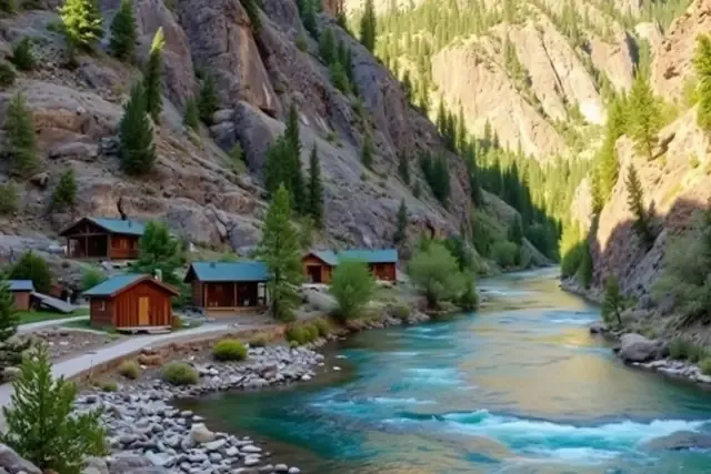 Small cabins beside a river in a rocky foothills canyon