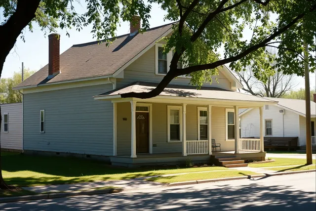 1920s farmhouse-style home with a porch on a shaded street in Eaton