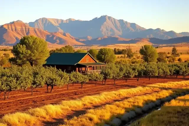 An orchard farmhouse with an irrigation ditch in the Surface Creek Valley