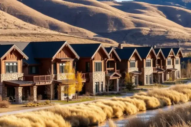 Mountain townhomes with stone and timber siding along the Eagle River near Edwards