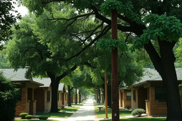 Small 1940s and 1950s brick bungalows under big trees in Englewood