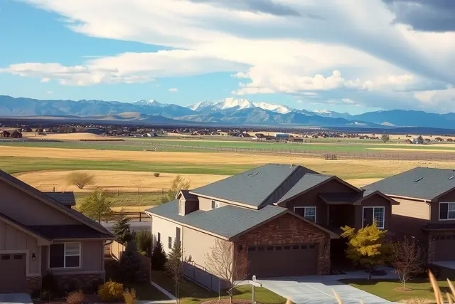 Newer suburban homes and open prairie in Erie with mountains behind