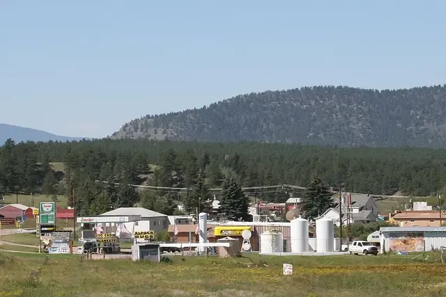 Buildings in the Florissant valley below pine-covered hills