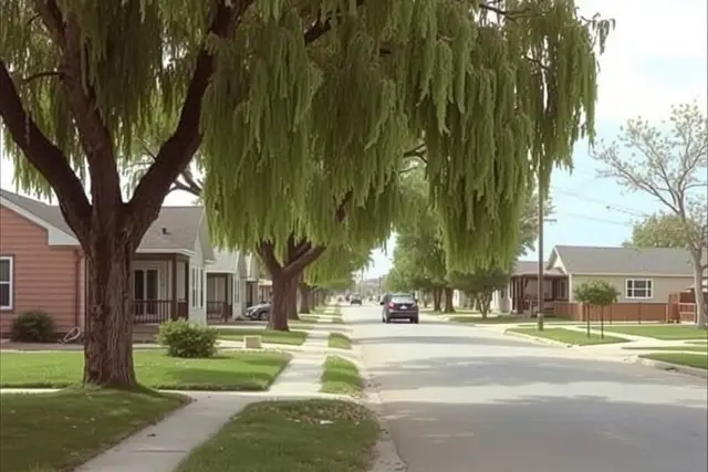 Small-town homes with cottonwood trees in Fort Lupton