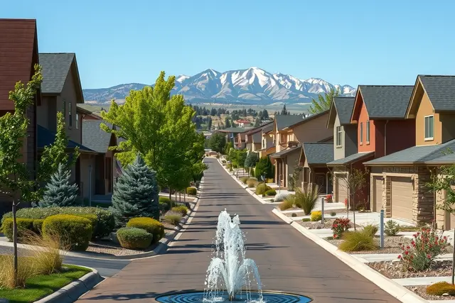 Suburban street of newer homes in Fountain with Pikes Peak in the distance