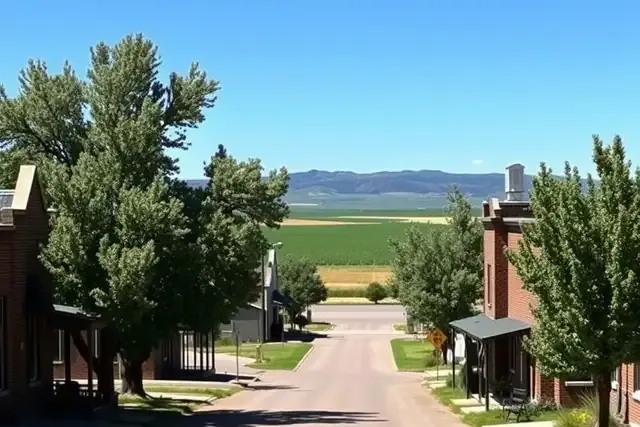 Quiet farm town street with brick and frame houses, big shade trees and irrigated fields beyond