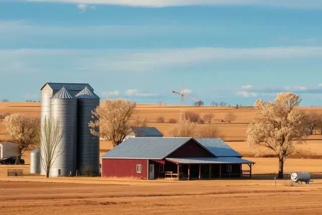 A farmhouse with grain bins and cottonwood trees on flat Weld County farmland
