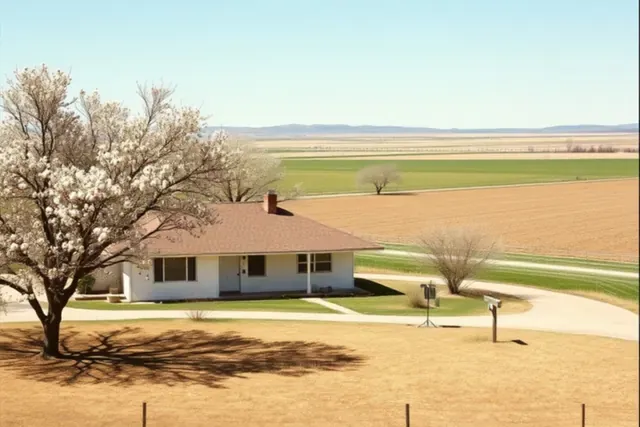 Modest ranch house next to irrigated farm fields and cottonwoods in Gilcrest
