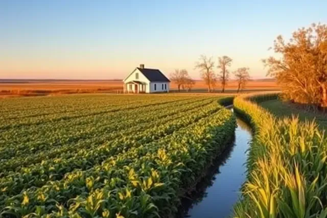 Irrigated farm fields and a farmhouse with trees on the Weld County plains
