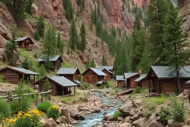 A small mountain village of cabins along a creek in a narrow forested canyon