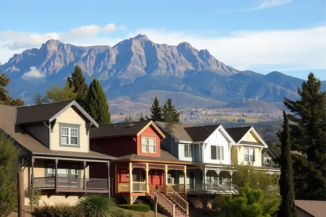 Older homes on a hillside below Table Mountain in Golden