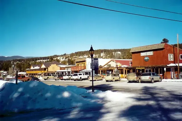 Grand Avenue and the boardwalk in Grand Lake in winter