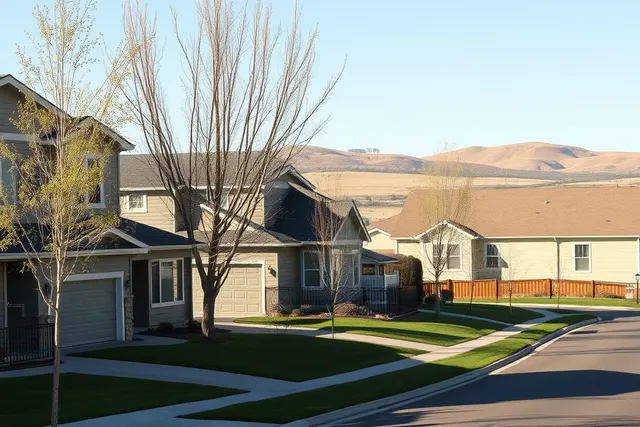 Quiet suburban street of newer two-story homes near open fields in Henderson