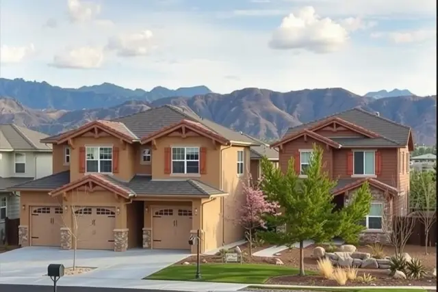 Master-planned suburb of two-story homes in Highlands Ranch with foothills behind