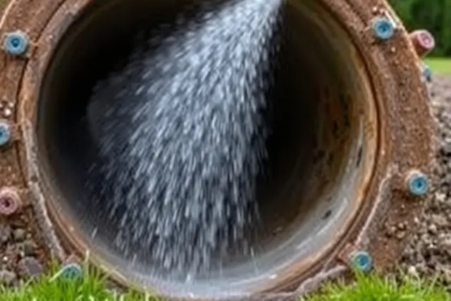 High-pressure water spraying inside an open sewer pipe during hydro jetting
