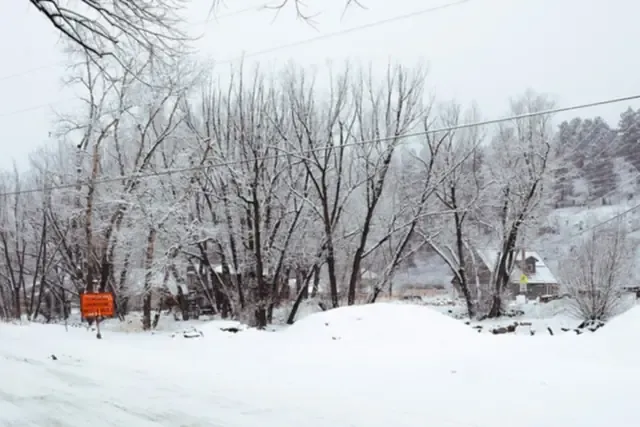 Snow-covered banks of Little James Creek in Jamestown with bare trees and houses