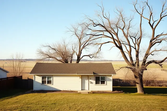 Modest small-town home with old cottonwood trees and farmland horizon in Keenesburg