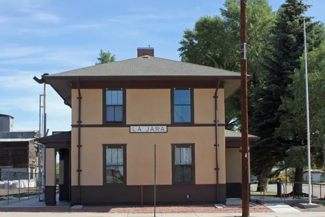 The 1911 La Jara depot, now the town hall