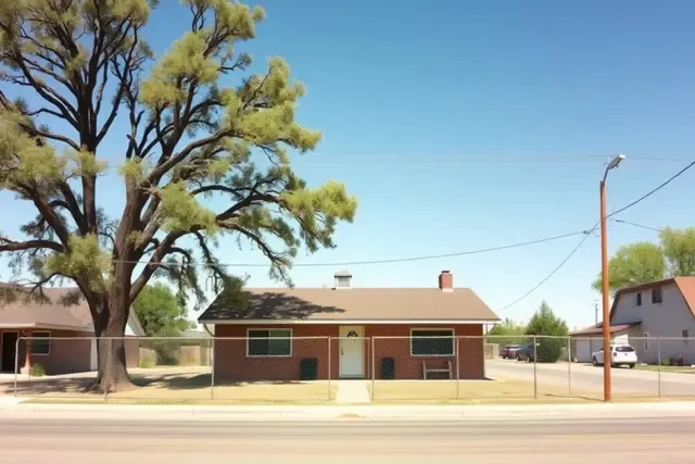 1950s brick home with a chain-link fence and a big cottonwood on a flat La Junta street