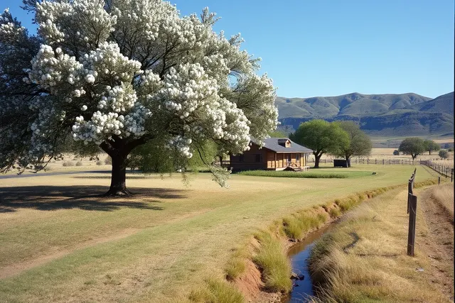Ranch home with large cottonwood trees beside an irrigation ditch near the foothills in Laporte