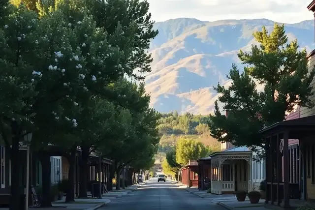Tree-shaded street of small early 1900s frame houses with porches in a Colorado company town
