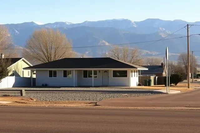 1960s single-story ranch home on a quiet Montrose street with the San Juan Mountains behind