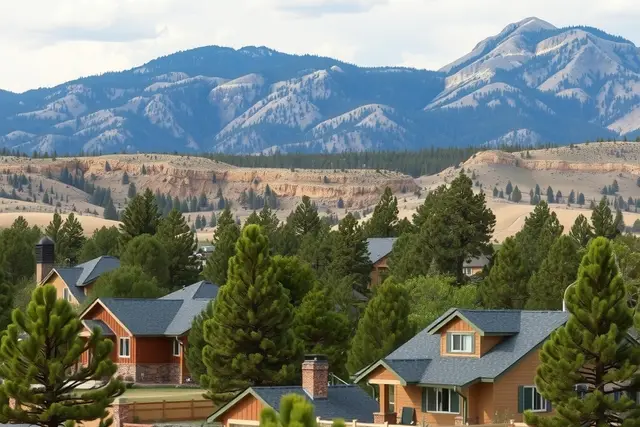 Homes among ponderosa pines with the Rampart Range behind in Monument