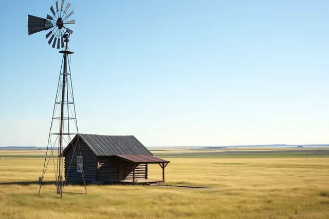 Small house with a wooden windmill on open shortgrass prairie in northern Weld County