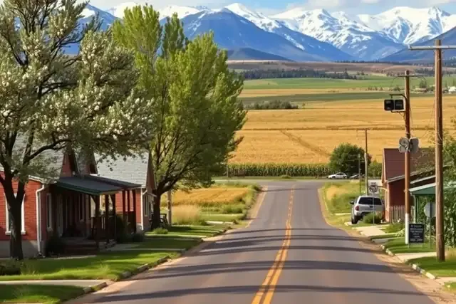 Brick houses and cottonwoods beside farm fields with snowy peaks beyond, in a western Colorado valley town