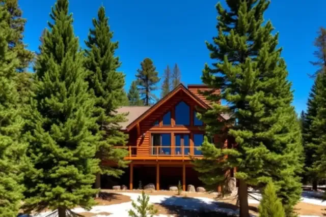 Wood-sided mountain home among ponderosa pines with snow on the ground near Pagosa Springs
