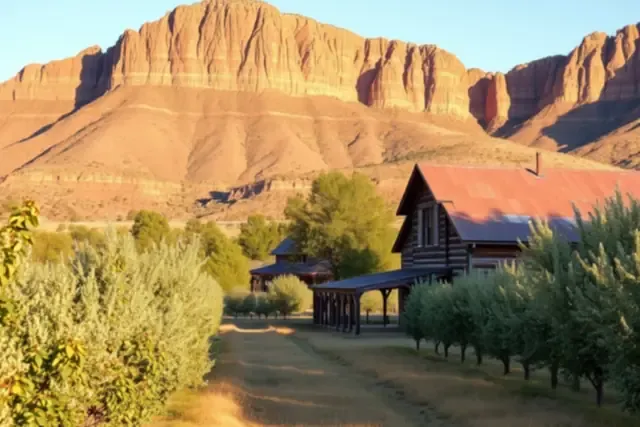 Older farmhouse beside peach orchard rows below the Book Cliffs near Palisade
