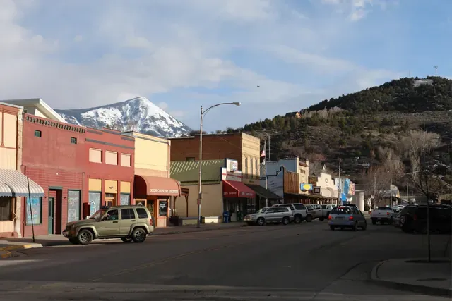 Grand Avenue in Paonia with snow on the peaks behind