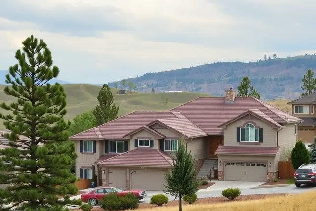 Newer two-story homes on rolling hills with pine trees in Parker