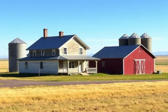 Older two-story farmhouse with a red barn and grain bins on the plains near Pierce