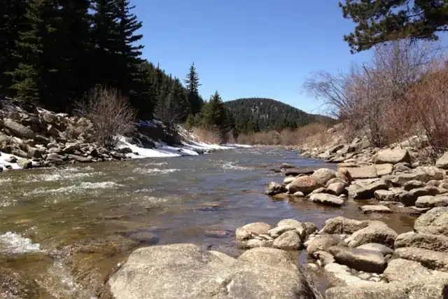 South Boulder Creek running over boulders below pines near Pinecliffe