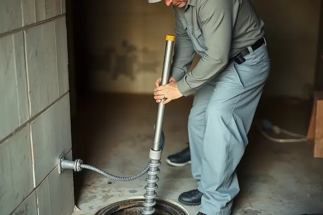Plumber in plain work clothes running a drain auger into a basement floor drain