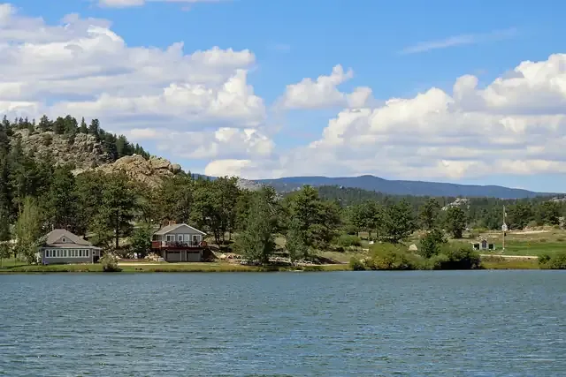 Ramona Lake in Red Feather Lakes with cabins among pine trees
