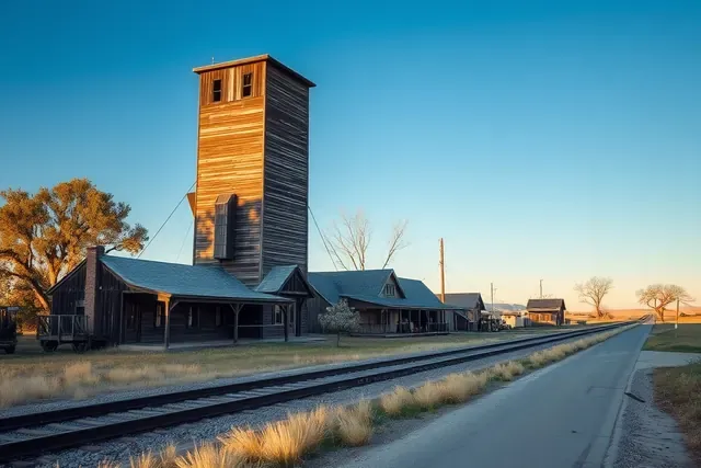 A wooden grain elevator beside the railroad on the high plains